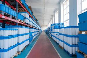 Organized storage facility with containers, natural light, and red pathway line photo