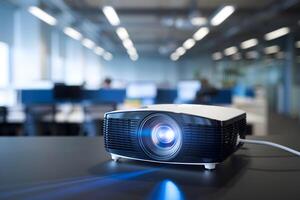 Modern projector emits blue light in blurred office, ideal for professional use photo