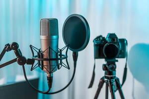 Studio setup with microphone, tripod camera, and modern cool blue lighting photo