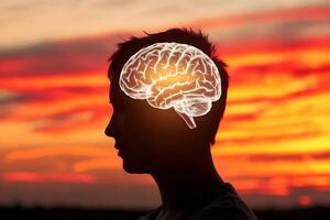 Silhouette with glowing brain against sunset, symbolizing thought and intellect photo