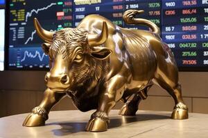 Bronze bull statue symbolizes market strength before digital stock display photo