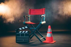 Directors chair with clapperboard and props, evoking a smoky film set atmosphere photo