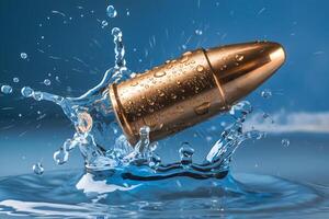 Metallic bullet mid air splashes water, dynamic against vibrant blue background photo
