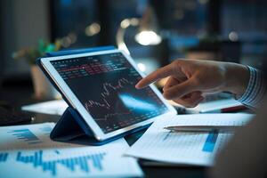 Person analyzes stock data on tablet surrounded by notes in dim office photo