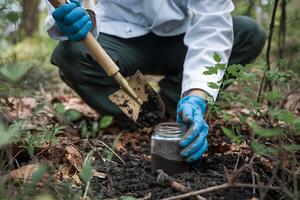Scientist collects soil sample in forest, emphasizing nature and research connection photo