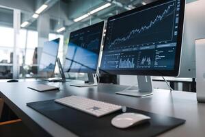 Modern office with screens displaying graphs evokes financial and digital precision photo