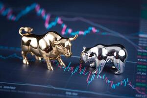 Bull and bear figurines on stock chart emphasize market trends symbolically photo