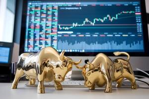 Two golden bulls face off, reflecting a stock market theme photo