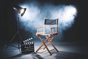 Directors chair and clapperboard evoke a cinematic vibe under spotlight glow photo