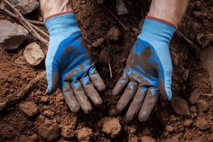 Gloved hands delve into rich soil, embracing earthy textures and manual work photo