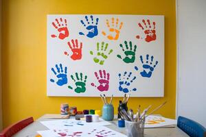 Yellow wall with colorful handprints and paint table invites creative energy in studio photo