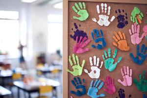 Corkboard with colorful handprints on a blurred classroom background, showing creativity photo