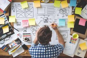 Designer sketches at desk filled with notes, vibrant sticky notes enhance creativity photo