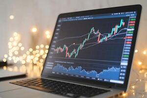 Laptop screen displaying stock market chart, with colorful candlestick patterns and golden bokeh photo