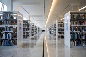 Modern library with white shelves, clean lines, and spacious reading environment photo