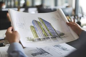 Hands holding an intricate blueprint of sleek building, surrounded by smaller sketches photo