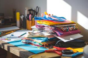 Vibrant fabrics and papers on wooden table, scissors and tools for crafting photo