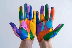 Two hands with vibrant multicolored paint, expressing creativity and bold contrasts photo