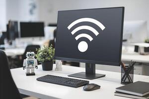Computer monitor shows Wi Fi signal, sleek organized desk, tech inspired modern workspace photo