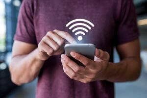 Smartphone displays speed test, blurred background highlights technology focused environment photo