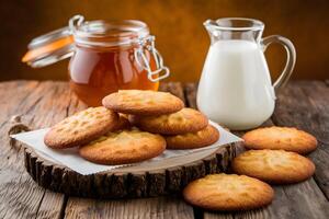 Cookies, honey, and milk jug on rustic wooden table, evoking cozy vibes photo