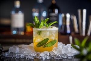 Vibrant cocktail with mint and crushed ice, bottles blurred in background photo