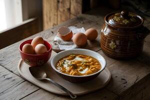 Rustic table with red bowl of eggs and stew, evoking homely warmth photo