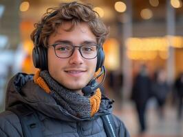 Portrait of a Young Man Wearing a Headset, Working in a Modern Office Environment photo