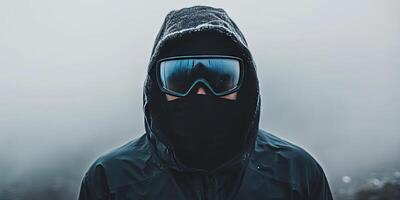 Mysterious Person in Winter Gear, Foggy Day Portrait photo