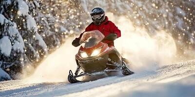 Winter Snowmobile Adventure in Snowy Forest photo