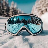 Reflective Ski Goggles on Snowy Mountain Landscape photo
