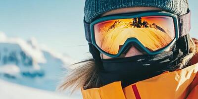 Winter Adventure in Snowy Mountains Mountain View Through Ski Goggles photo