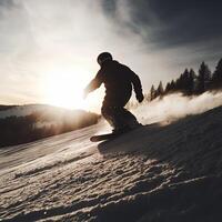 Sunset Snowboarding Adventure in Majestic Mountains photo