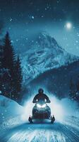 Snowy Mountain Adventure at Night on Snowmobile photo