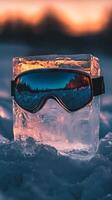 Frozen Goggles Reflecting Sunset Landscape photo