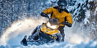 Thrilling Snowmobile Adventure in Snowy Forest photo