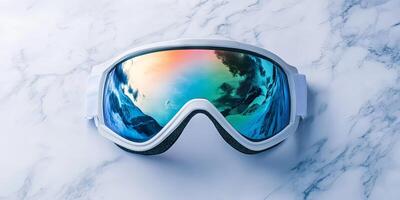 Stylish White Ski Goggles Reflecting Mountain Scenery photo