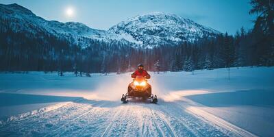 Snowy Mountain Adventure on a Snowmobile at Night photo