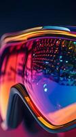 Close-up view of vibrant colorful ski goggles, showcasing modern design and technology photo