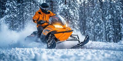 Orange Snowmobile Adventure in Snowy Forest photo