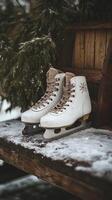 Winter Ice Skates on Wooden Surface in Snow photo