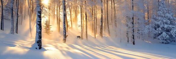 Winter Wonderland Forest Scene with Golden Sunlight photo
