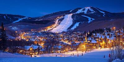 Winter Nighttime Mountain Village with Ski Resort photo