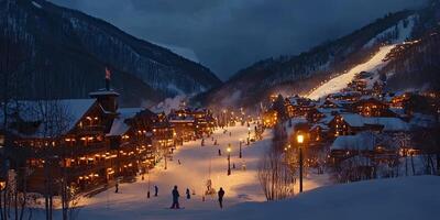 Winter Wonderland Village at Night with Snow-Covered Mountains photo
