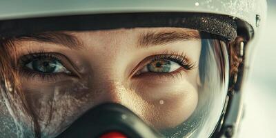 Close-up of a woman's face in a helmet, Winter Adventure photo