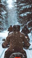 Winter Snowmobile Adventure Through Snowy Forest photo