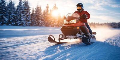 Winter Snowmobile Adventure in Scenic Landscape photo