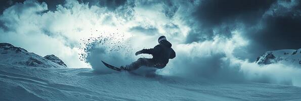 Snowboarder's Epic Descent Through Snowy Mountains photo