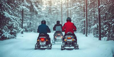 Winter Snowmobiling Adventure in Snowy Forest photo