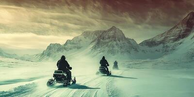 Snowmobile Adventure Through Scenic Winter Mountains photo